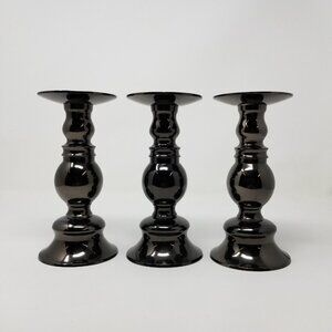 Set of 3 Heavy Resin Pillar Candle Holder Decoration Espresso Black 7.5" Felt